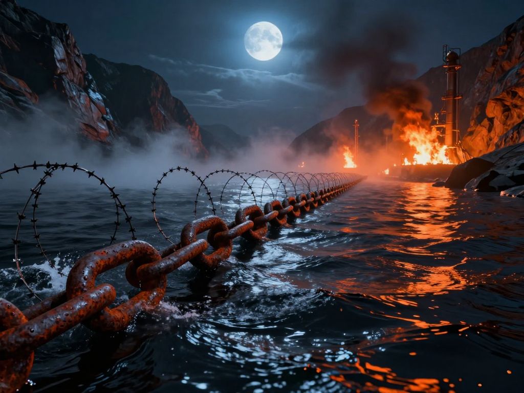 Iron anchor chain wrapped in razor wire stretched across dark churning ocean strait with distant oil refinery fires on the horizon