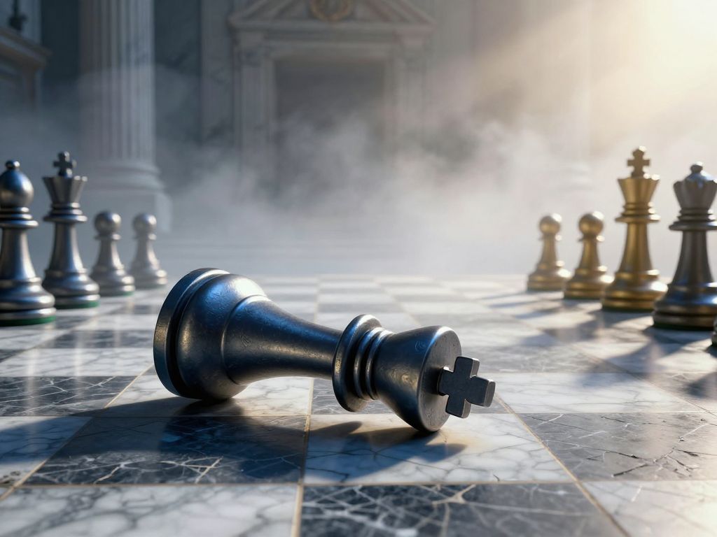 A large iron chess king piece fallen on a cracked marble board, with a single golden pawn standing upright in the distance.