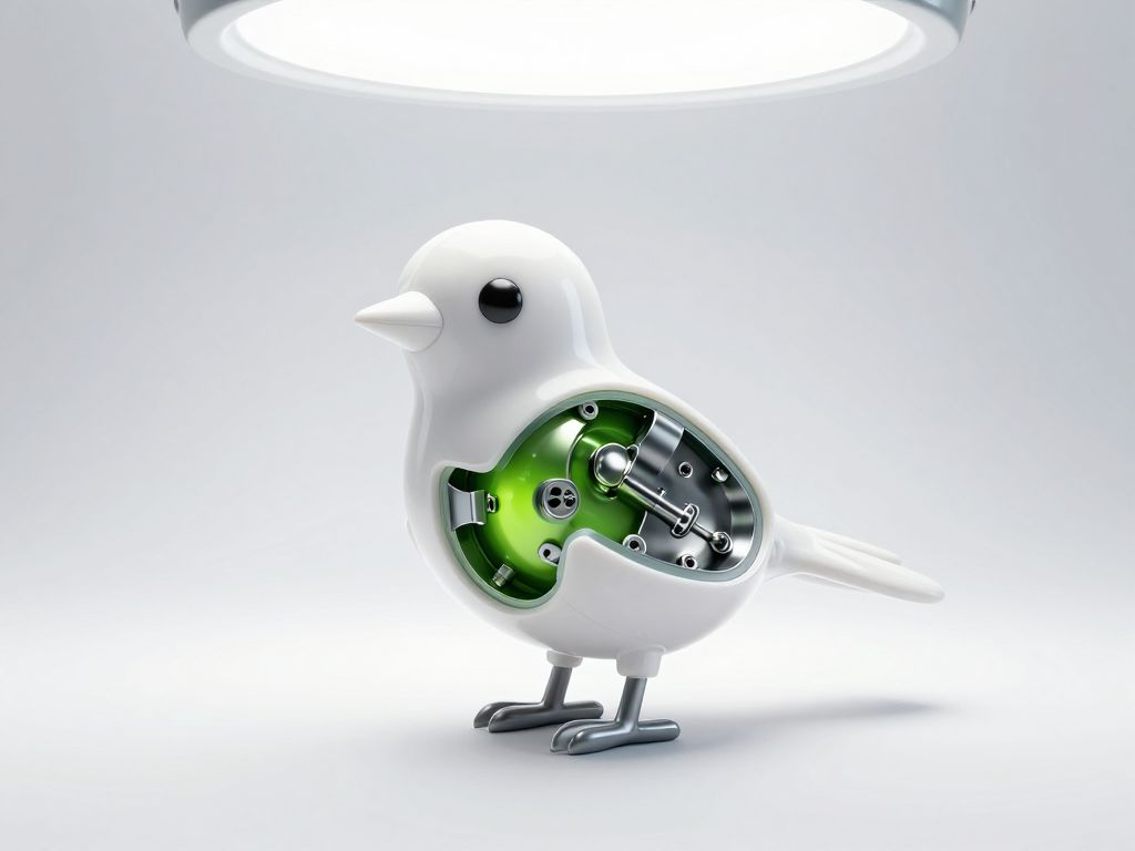 Split-open plastic toy bird on white surface exposing dark metallic solder joints with toxic metallic sheen under clinical light