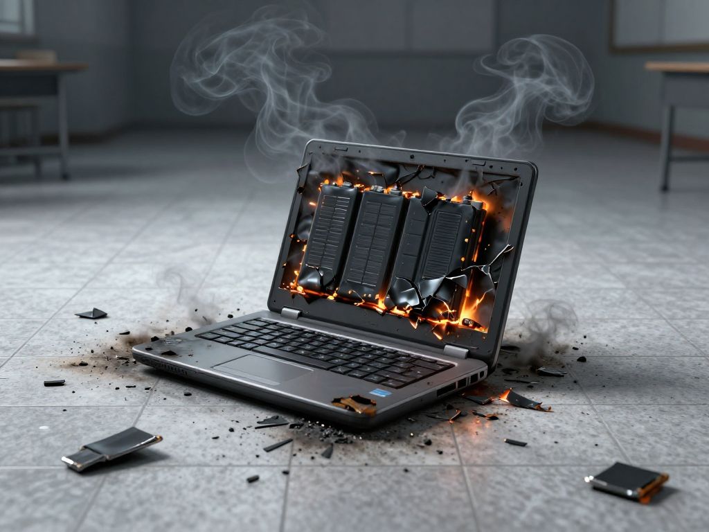 Burned and melted school laptop on institutional floor, blackened battery burst open, scorch marks radiating outward on pale tiles.
