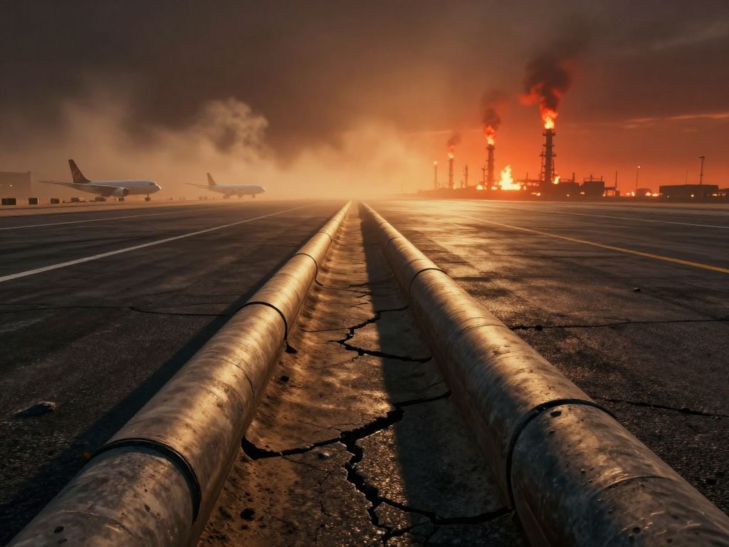 Cracked airport tarmac with an empty fuel trench stretching toward distant burning oil refineries under an amber sky