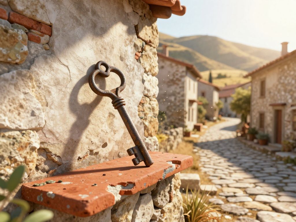 Rusty iron key on a crumbling terracotta windowsill of a whitewashed stone house in an empty sunlit Spanish village
