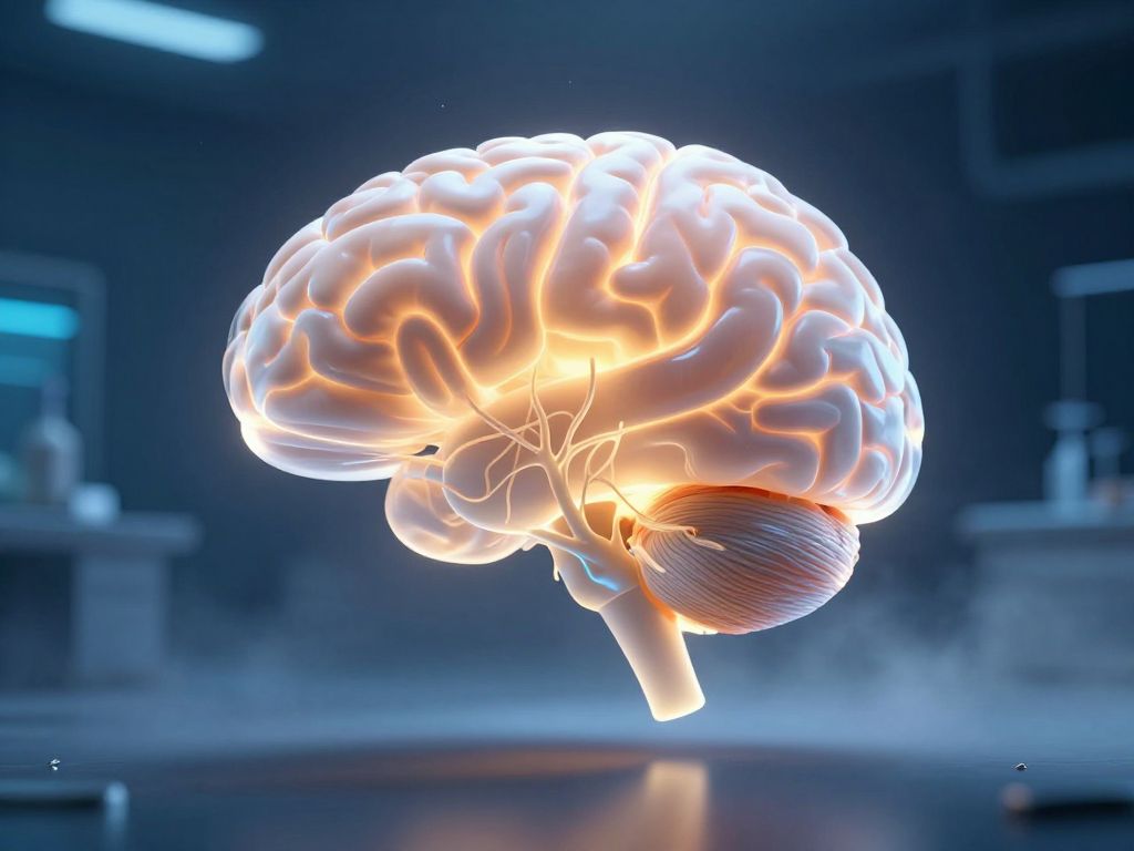 Glowing translucent brain model floating in darkness with posterior section gently separated, fine neural threads dissolving at the cut edge.