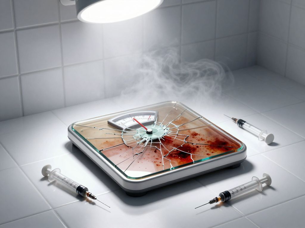 Cracked bathroom scale on white tile floor with insulin syringes scattered around it and a wilting flower beside it