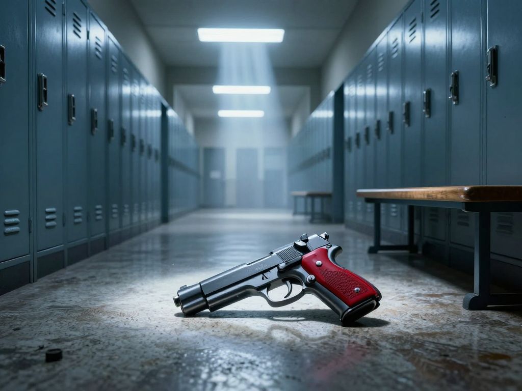 A semi-automatic pistol on a scuffed linoleum school hallway floor beside an overturned bench under harsh fluorescent light.