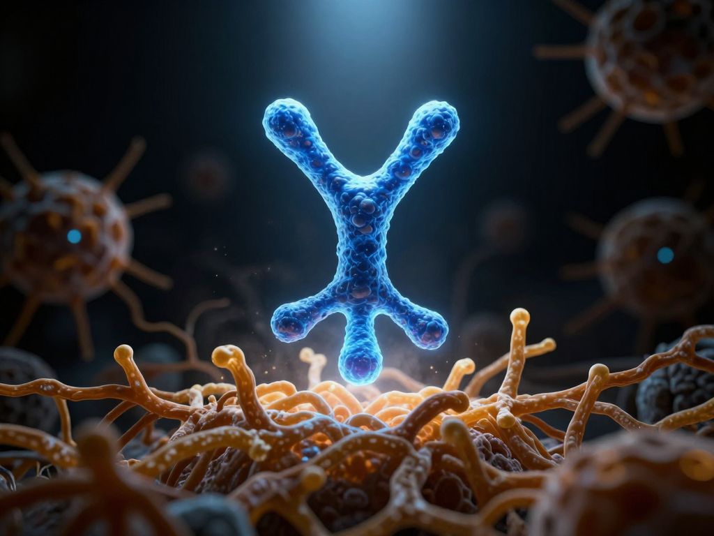 Glowing blue antibody molecule hovering over dense amber amyloid plaque tangles in a dark microscopic void