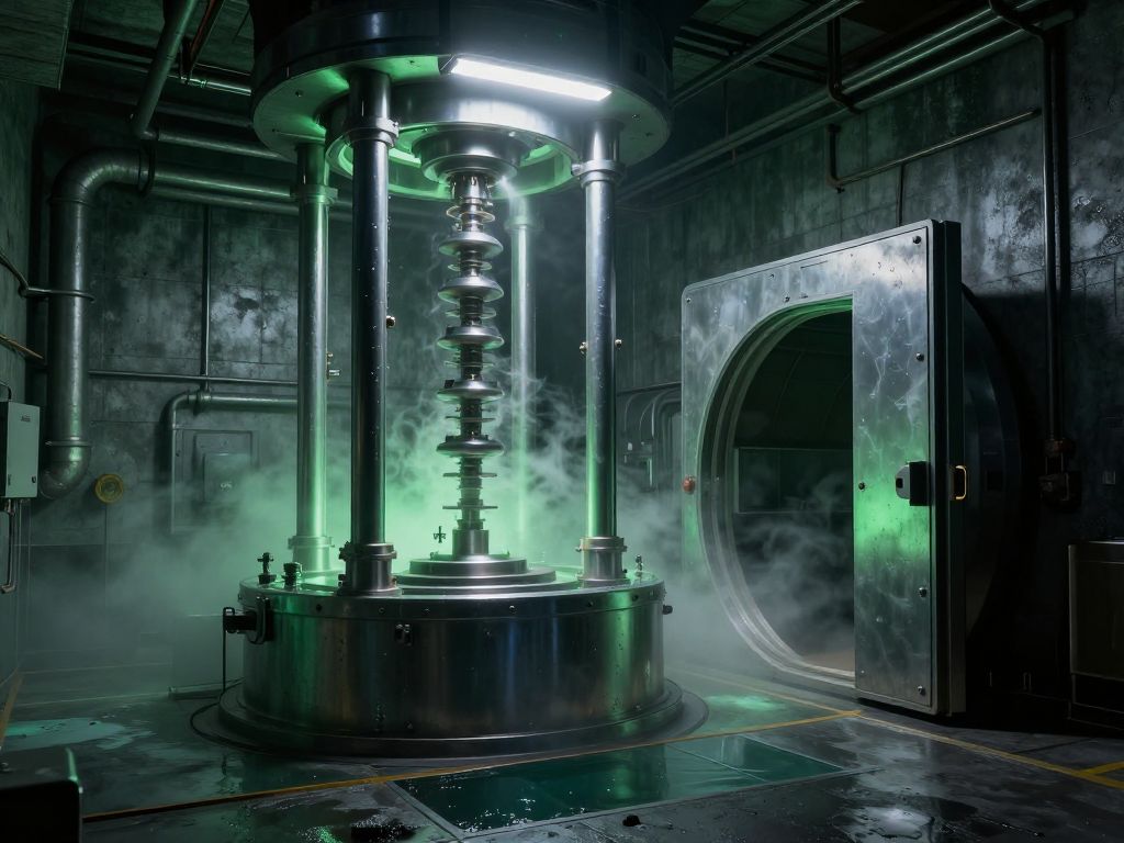 Idle centrifuge array in dark underground facility with cracked warning seals and a heavy blast door left ajar