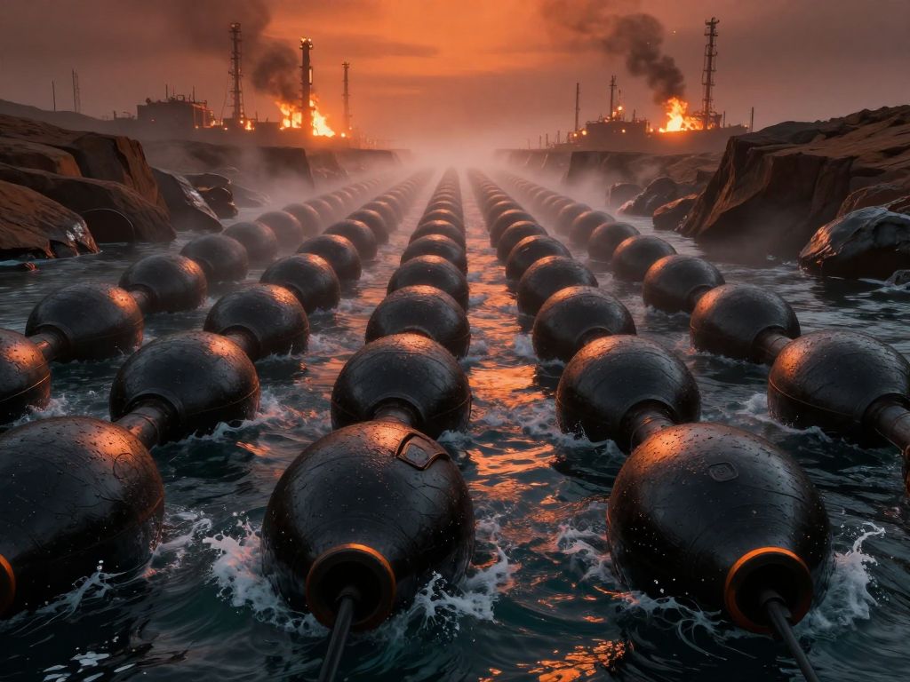 Black naval mines floating in dark strait waters, oil refinery fires burning on distant coastline under red-orange dusk sky