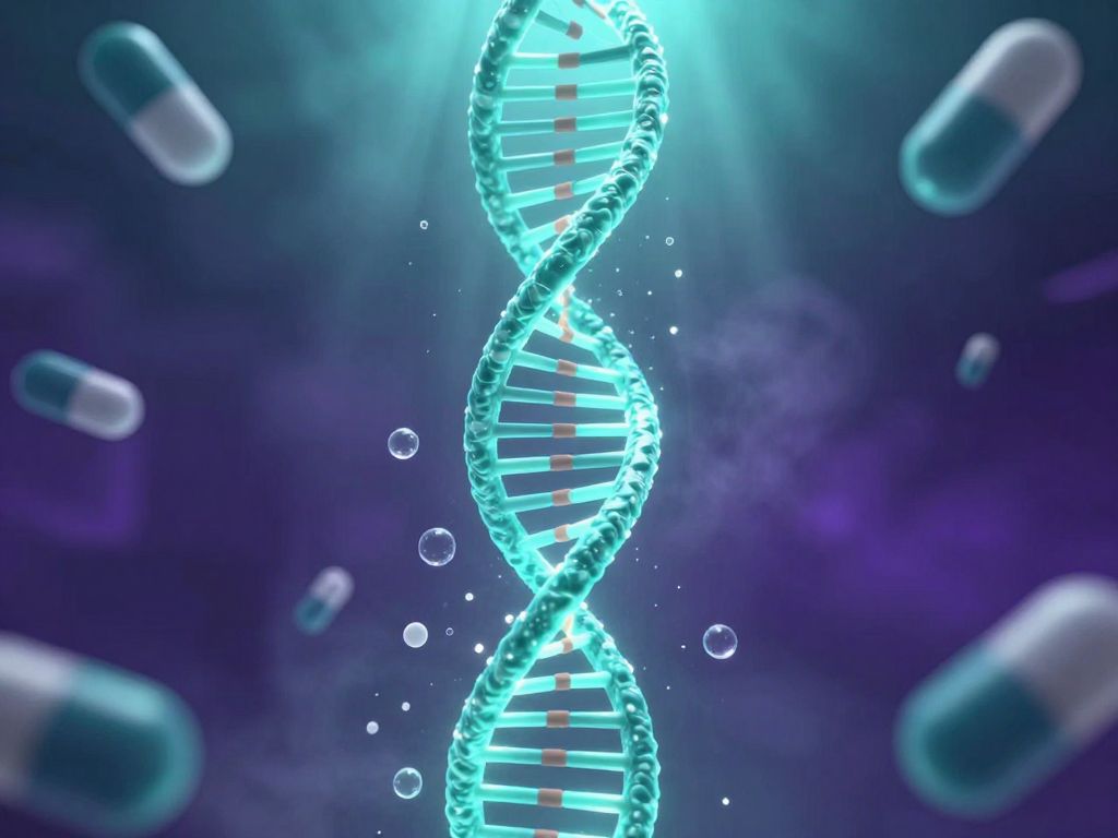 Glowing teal DNA double helix dissolving into floating pill capsules against a deep violet clinical void with molecular fog
