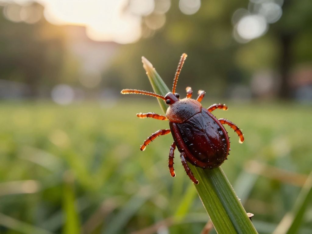 Extreme close-up of a dark engorged tick clinging to a curved green grass blade with blurred park greenery in background