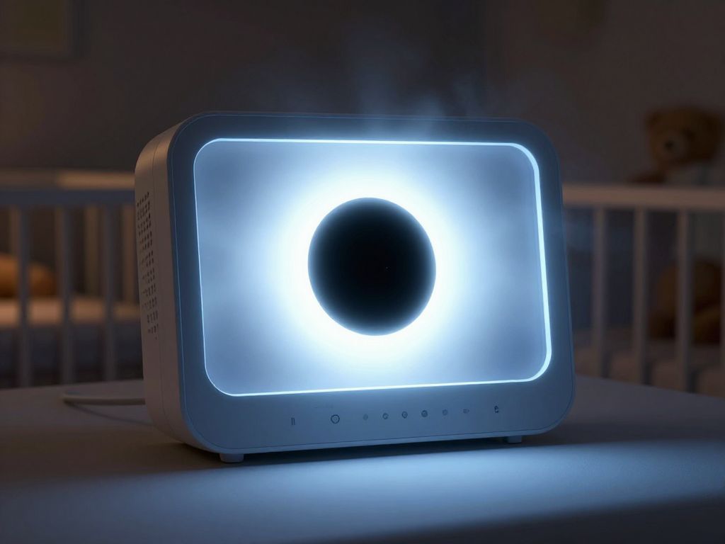 Baby monitor screen glowing blue in a dark nursery, showing a single black circle where an eye-shine reflection is absent.