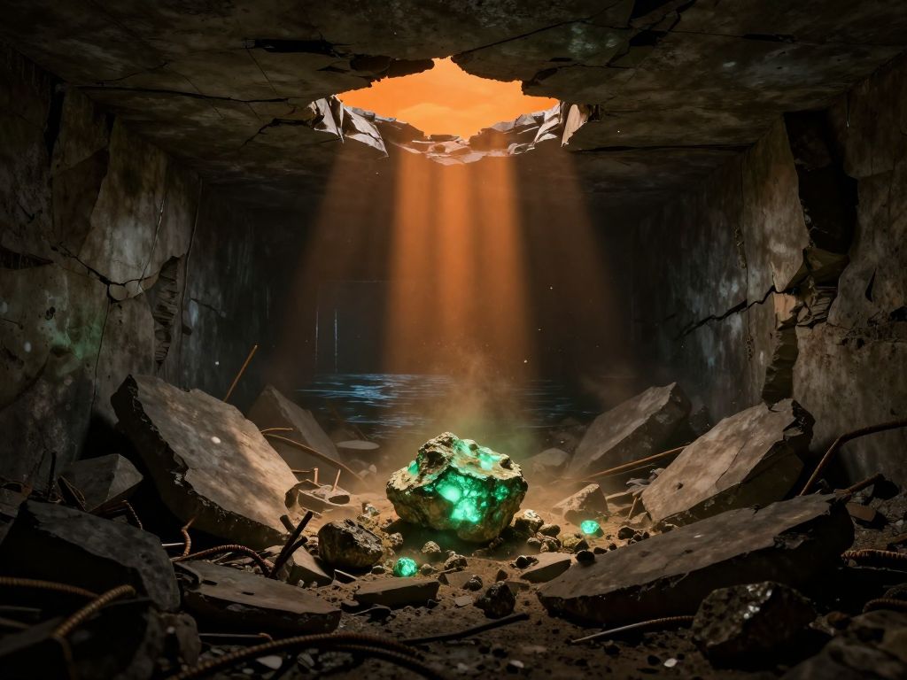 Shattered reinforced concrete bunker ruins with glowing mineral fragments buried under grey debris and twisted metal rebar
