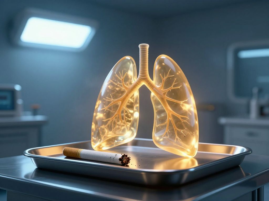 Cracked cigarette beside a glowing amber lung-shaped glass sculpture on a steel medical tray, lit by cold blue lightbox.