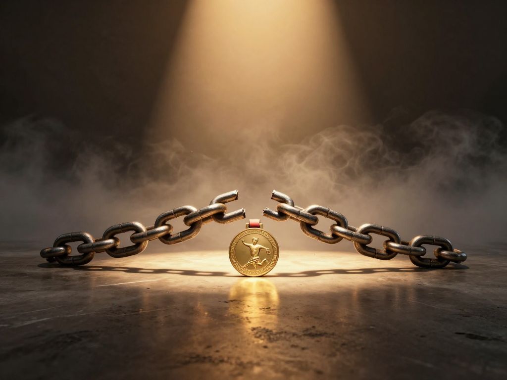 Heavy iron anchor chain breaking apart on dark concrete floor, one side holding a gleaming athletic medal under warm spotlight