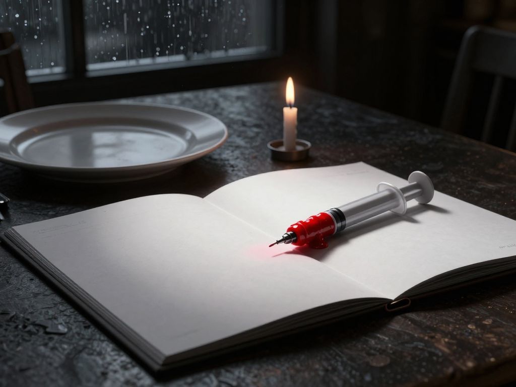 An uncapped EpiPen beside a burned birthday candle stub on a restaurant table, next to an open menu with blank ingredient fields