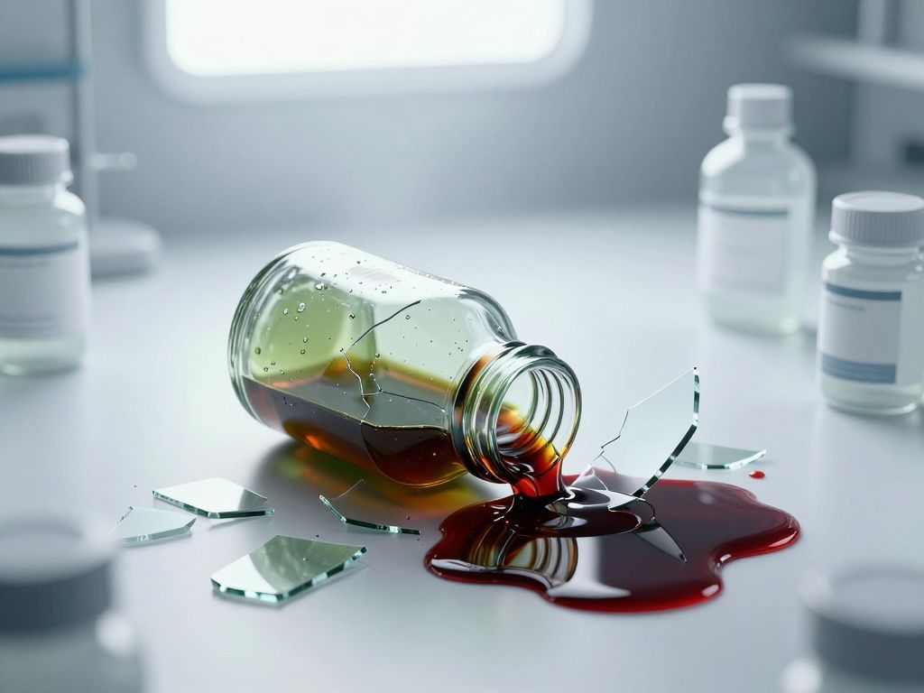 Cracked glass baby bottle leaking dark toxic liquid onto a sterile white surface surrounded by sealed formula canisters