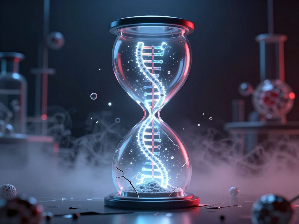 Cracked hourglass containing glowing DNA double-helix strand, molecular fragments floating in cold blue laboratory darkness
