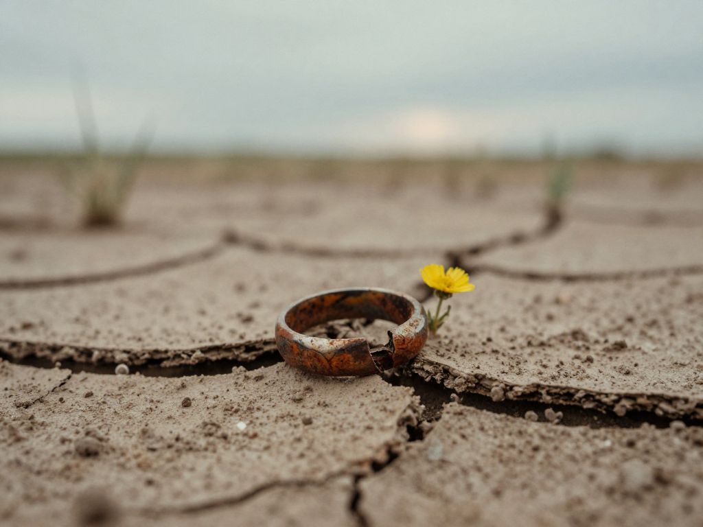 Cracked tarnished wedding ring in dry Nebraska soil beside a small yellow wildflower under overcast sky