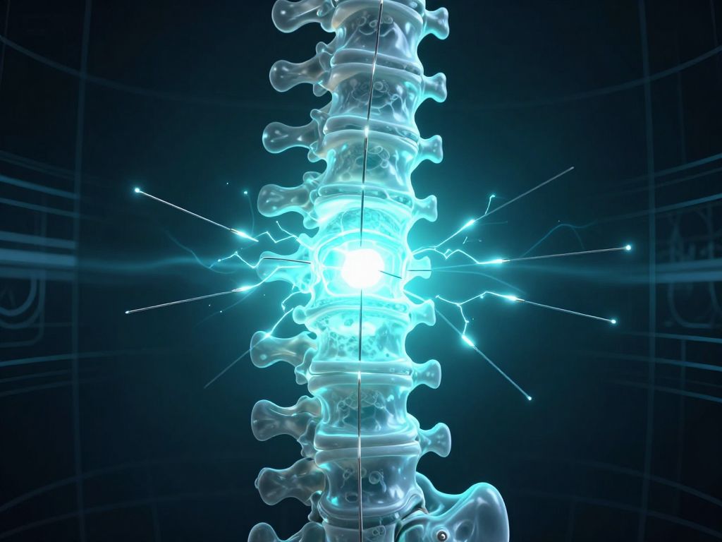 Glowing spinal vertebra cross-section with electrode needles emitting electric arc pulses against dark clinical background
