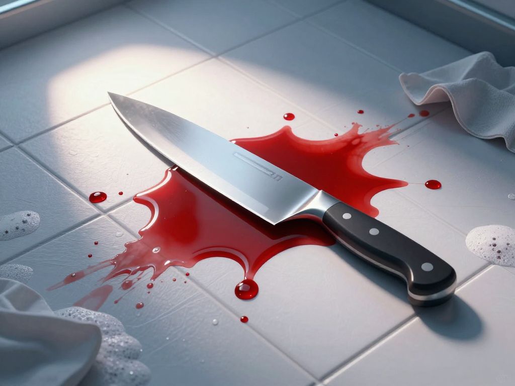 Chef's knife on white tile floor beside a spreading crimson pool with water droplets and crumpled paper towels nearby.