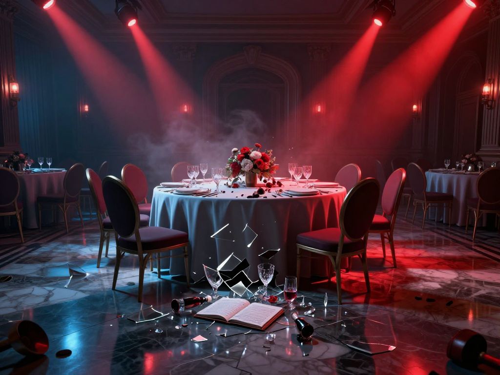 Overturned banquet table in grand ballroom, shattered crystal glasses and rose petals scattered across marble floor under red emergency lights