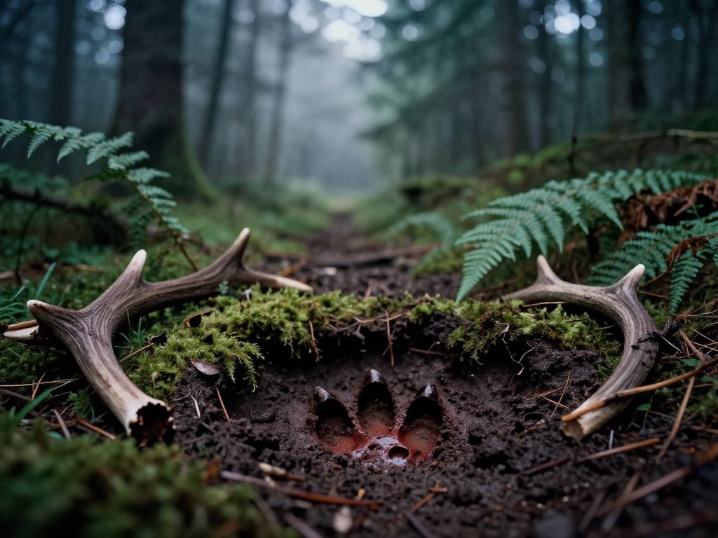 Large bear paw print in dark muddy forest floor, broken antler sheds and crushed ferns nearby, foggy woodland background.