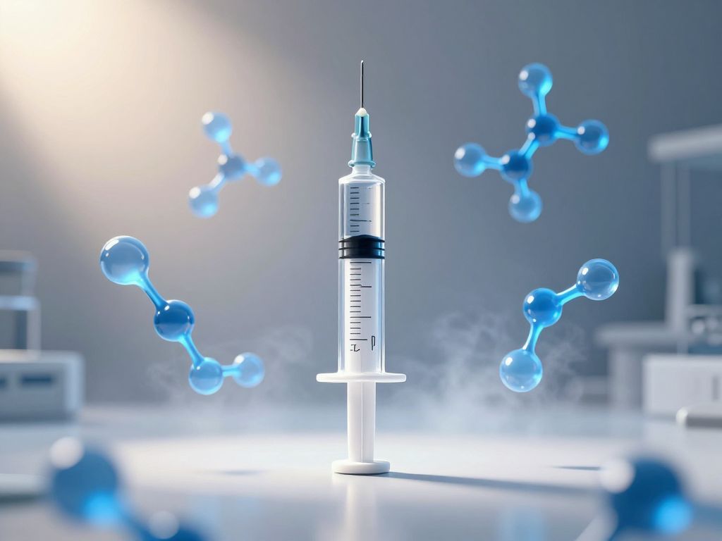 A modern injection pen on a white clinical surface surrounded by glowing blue molecular bond structures in soft volumetric light.