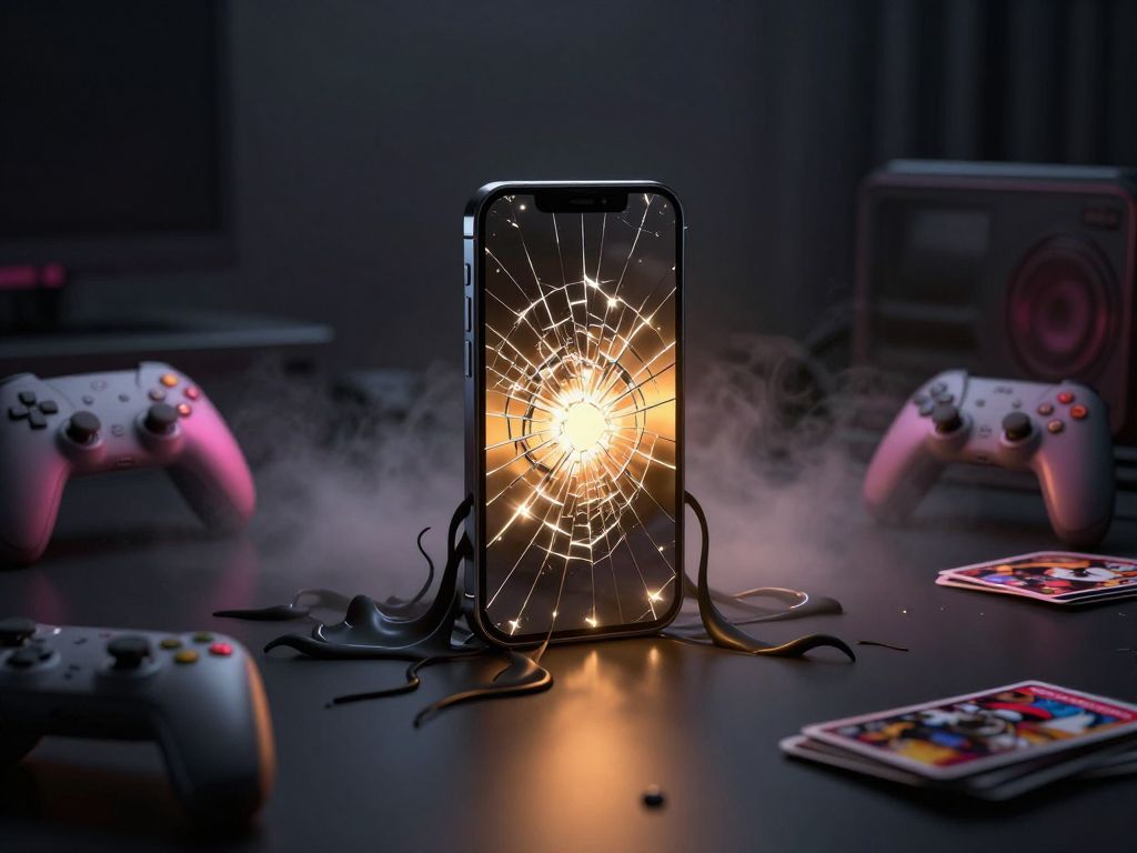 Cracked smartphone glowing amber beside a small abandoned game controller on a dark desk, dark shadow tendrils spreading across surface