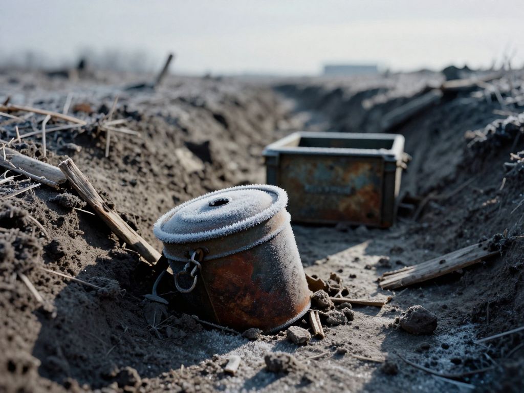 Overturned rusted military mess tin in frozen mud beside empty supply crate wrapped in barbed wire under grey winter sky