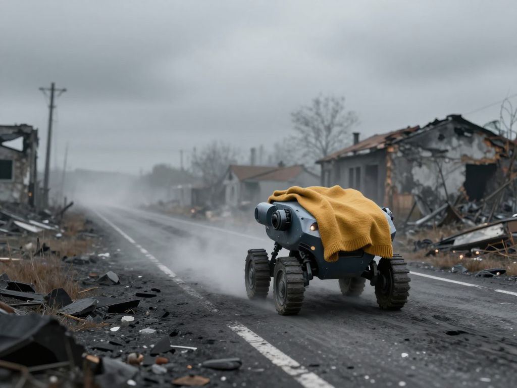 Small military ground robot carrying a blanket on a crater-pocked road through a destroyed village under grey overcast sky