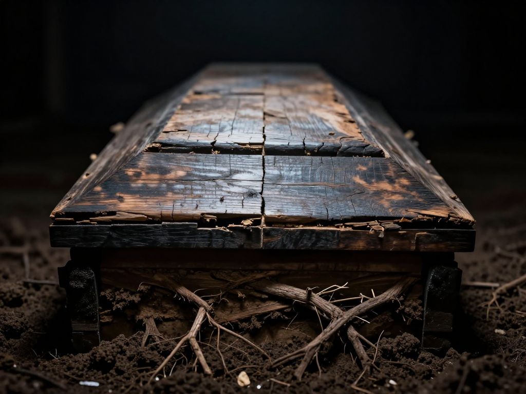 Cracked wooden coffin lid viewed from below, surrounded by dark soil layers and tangled roots, pierced by cold pale light