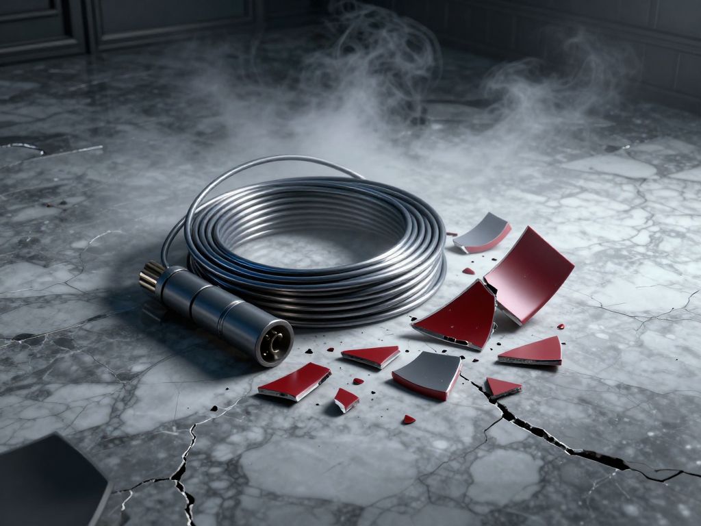 Coiled wire and shattered wristband fragments on cracked marble floor under cold institutional light