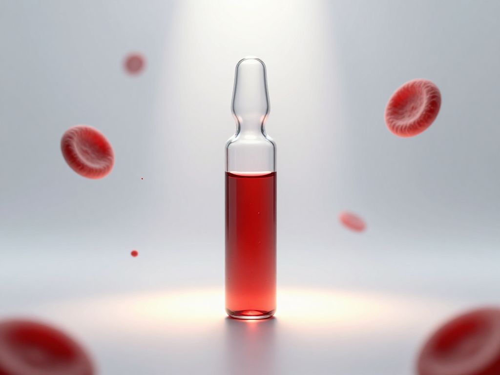 Glowing crimson blood vial on white clinical surface with floating red blood cell particles in warm amber and cold white light.