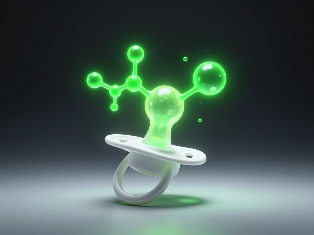 Silicone pacifier on dark lab surface with glowing green molecular chain structures floating above it, clinical white lighting.