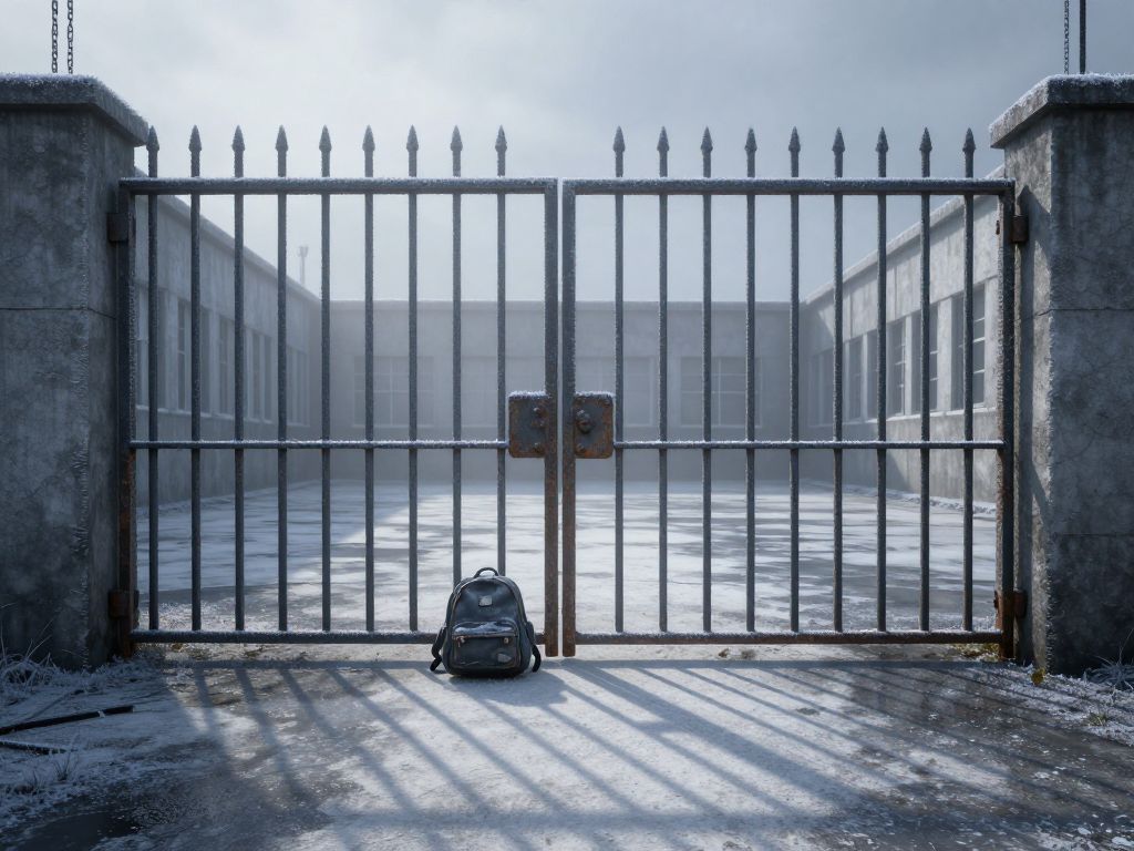 Rusted iron school gate ajar casting bar shadows on frost-covered empty courtyard, small abandoned backpack on cold concrete ground