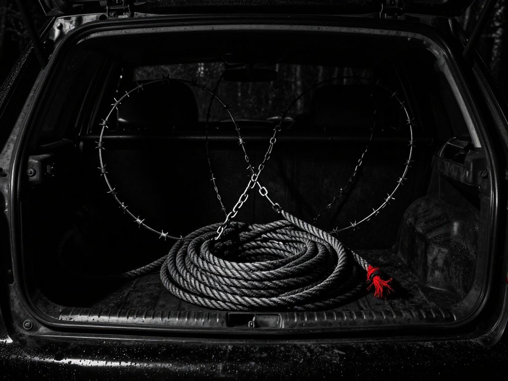 Dark car trunk interior filled with coiled chains, barbed wire, and a heavy frayed rope, lit by a sliver of cold light