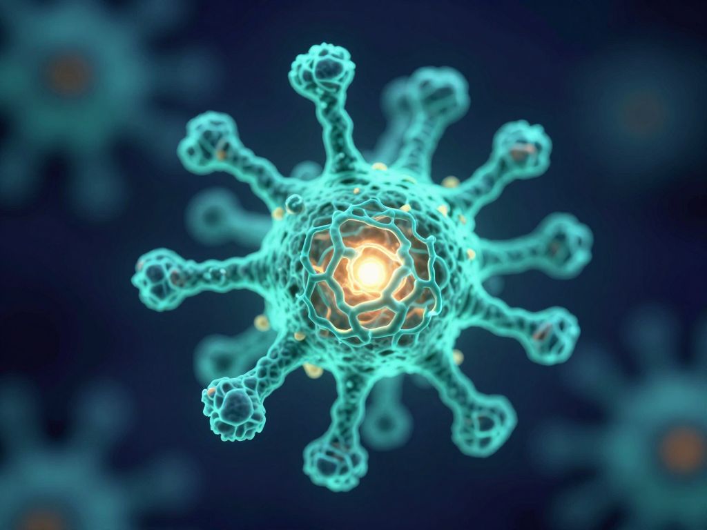 Glowing amyloid protein tangles dissolving in a beam of teal clinical light against deep indigo microscopic brain tissue