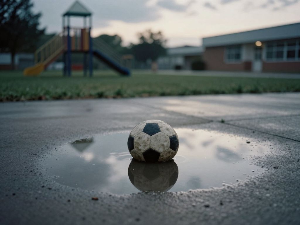 Deflated football in a rain puddle on empty wet concrete schoolyard under overcast grey sky