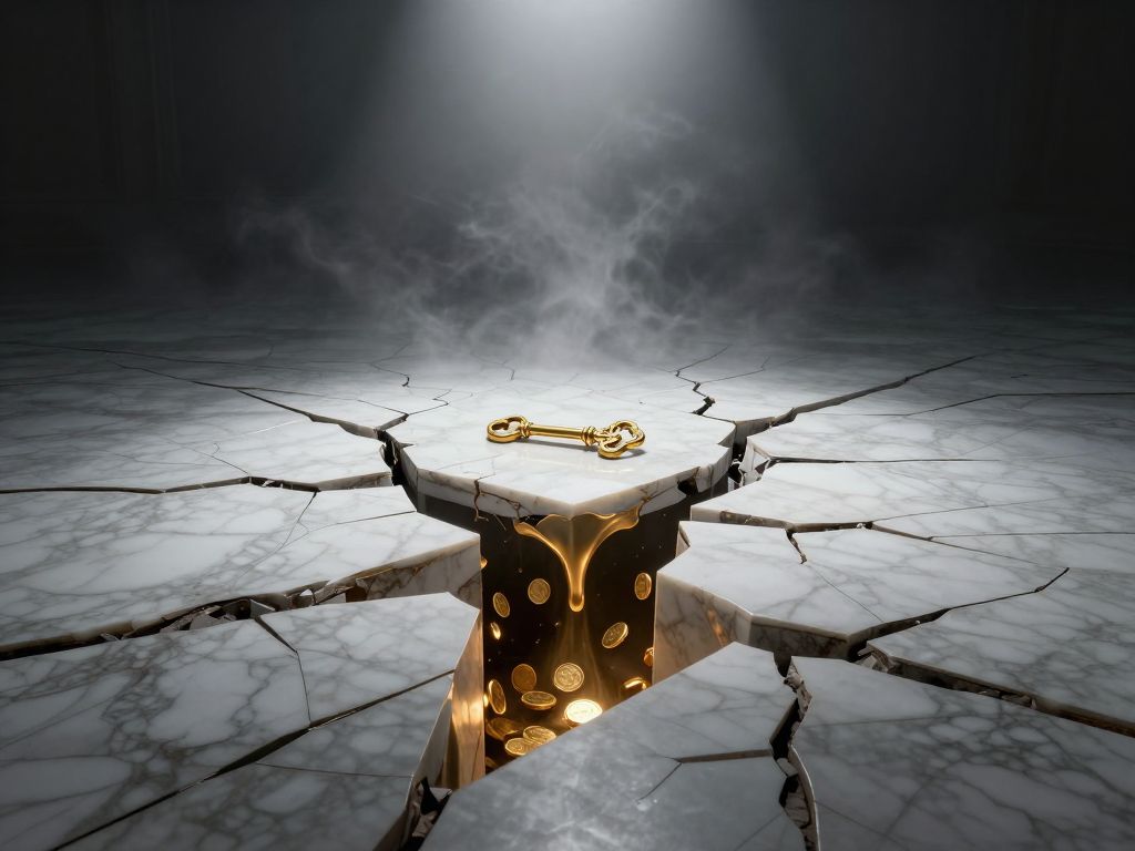Gold apartment key on cracked white marble floor, golden coins melting and draining through spreading fractures into darkness