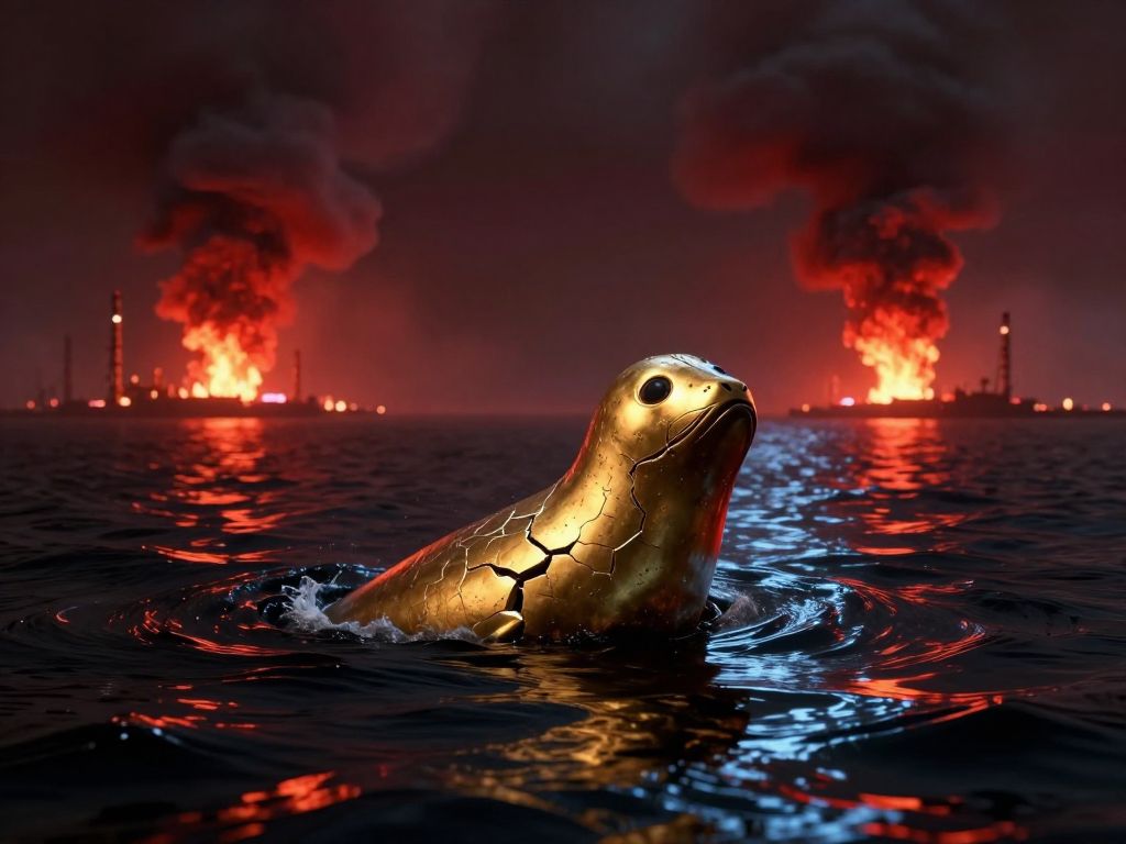 Cracked golden seal sinking in dark oil-slicked water, missile smoke trails crossing fiery refinery-lit sky above a dark strait
