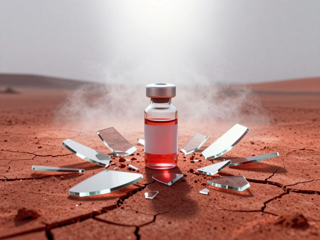 Shattered glass vial on cracked red desert earth with broken pieces radiating outward under harsh white overhead light.
