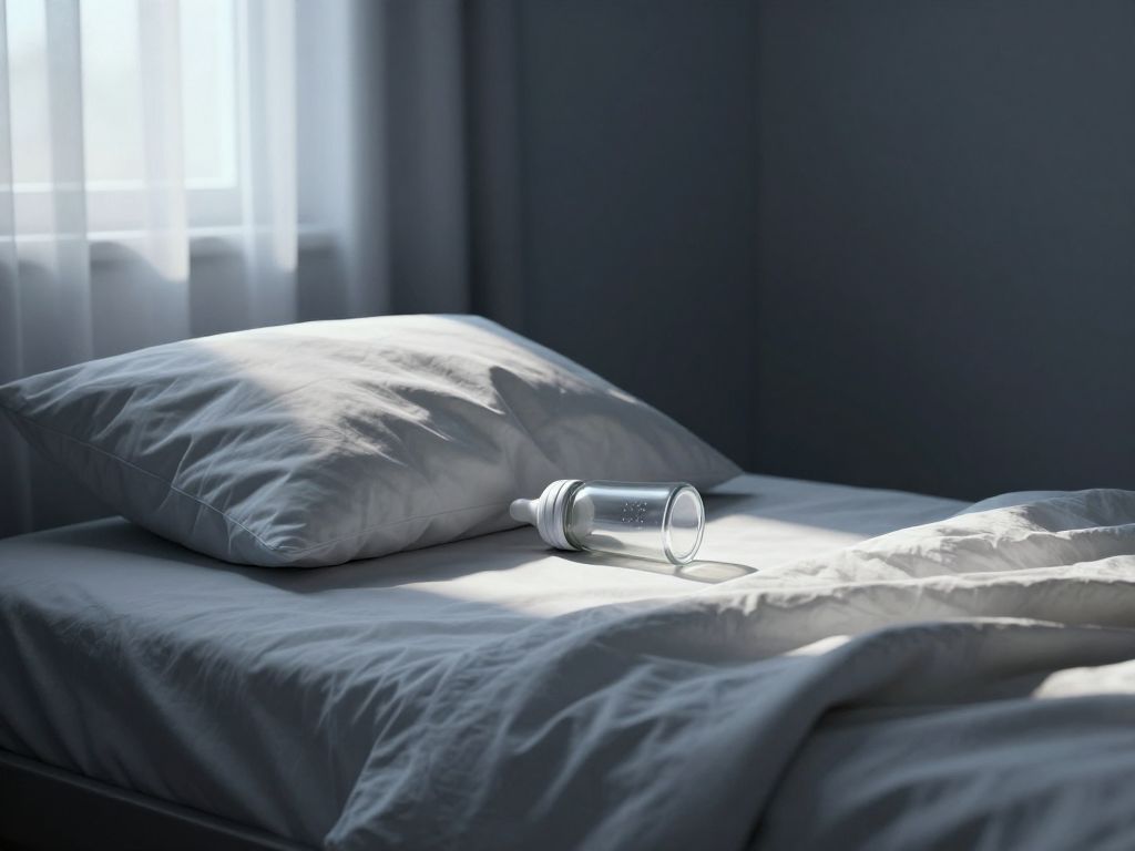 Empty baby bottle tipped on its side on rumpled white bedding, cold morning light casting a long shadow across the sheets