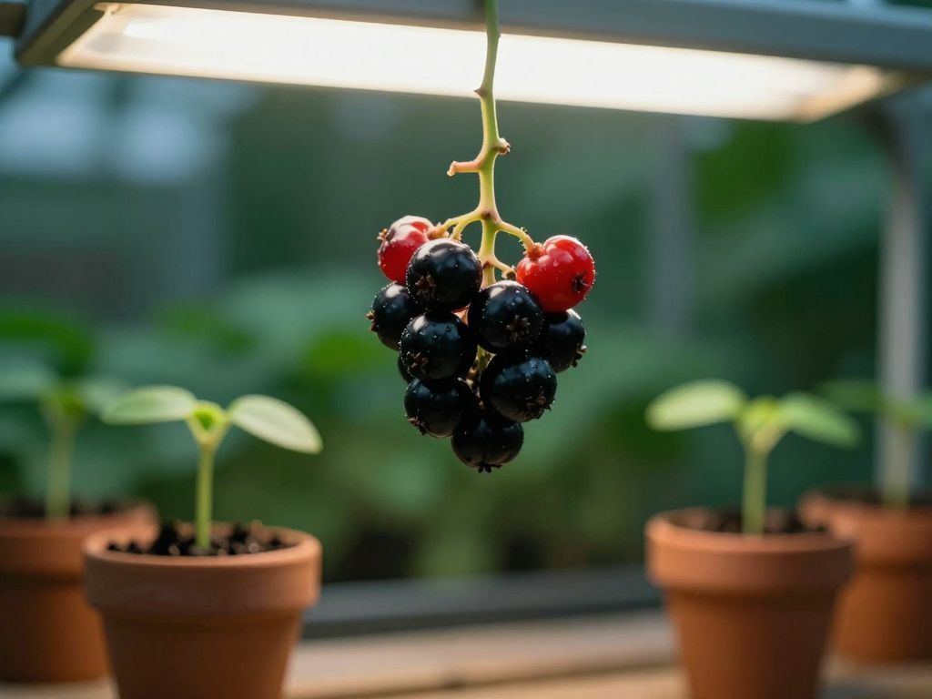 Close-up of glossy black nightshade berries on a stem beside green physalis seedlings in terracotta pots on a greenhouse bench