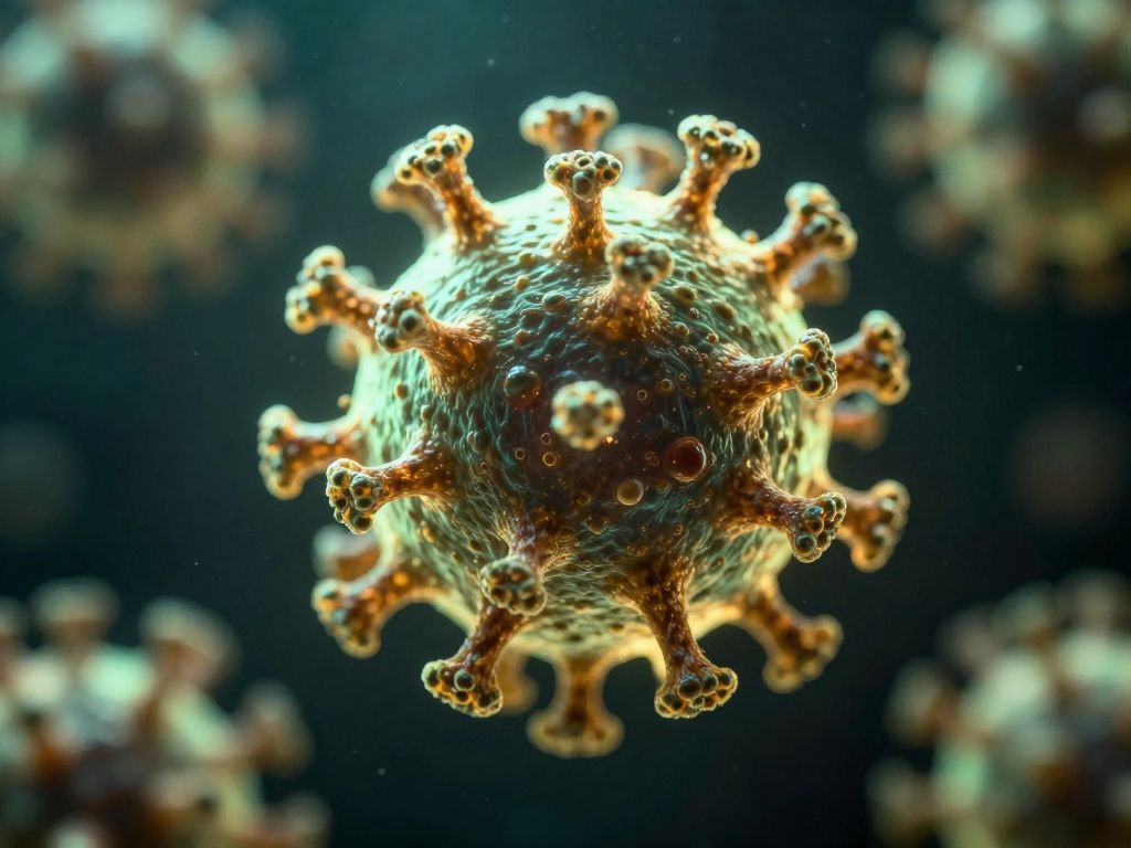 Macro view of spherical viral particles in dark murky liquid, sharp central capsid surrounded by blurred amber-green particles.