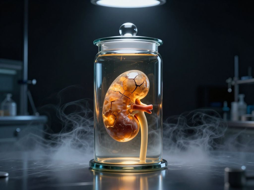 Glass medical jar with a preserved kidney showing a glowing amber crack, on a cold steel surface against deep black darkness.