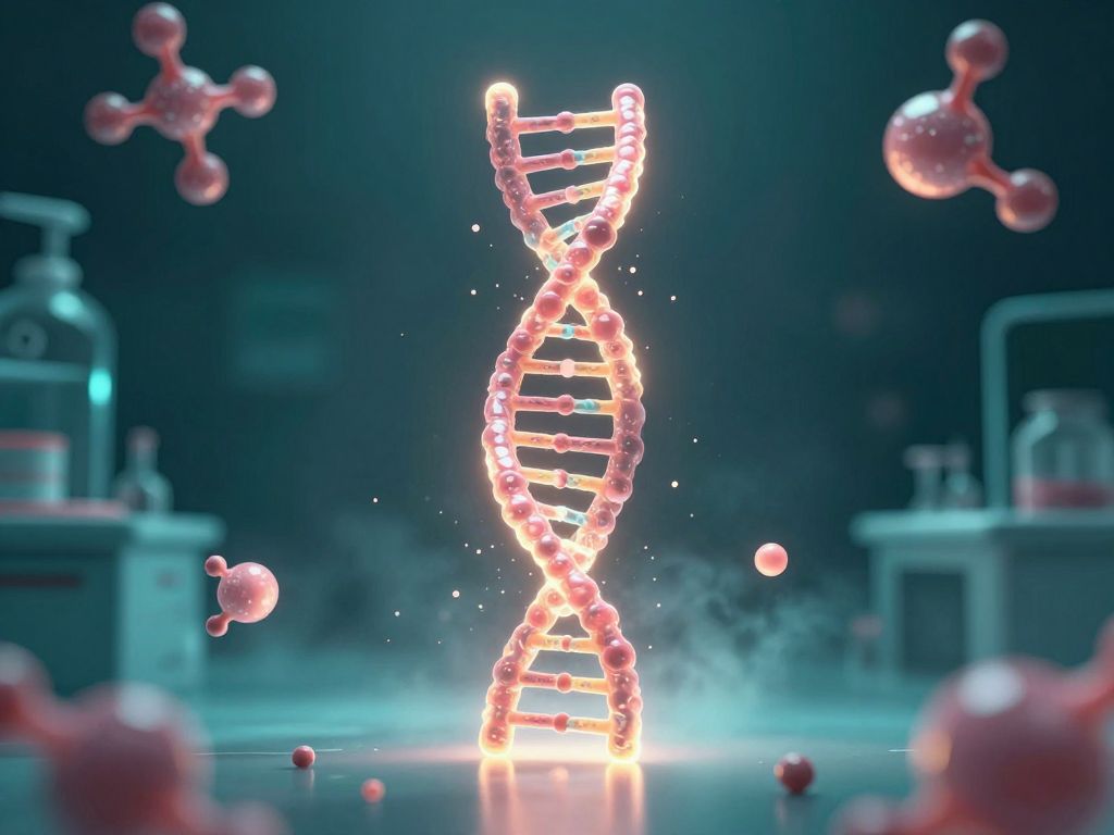 Glowing DNA helix unraveling into floating molecular fragments against deep teal darkness with soft pink bioluminescent cells