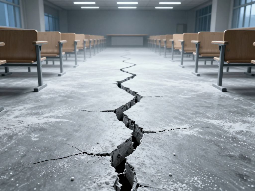 Cracked concrete floor with white powder dissolving into fracture lines under cold fluorescent light in empty hall