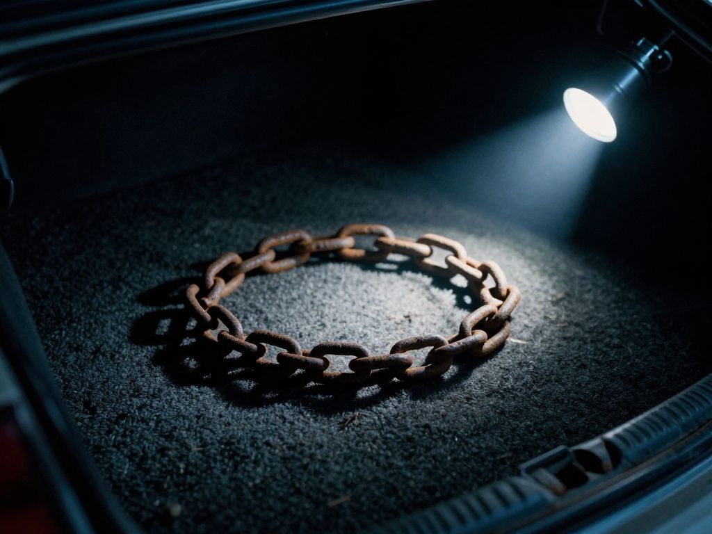 Rusted chain coiled on dark carpet inside an open car trunk, illuminated by a harsh white forensic flashlight beam.