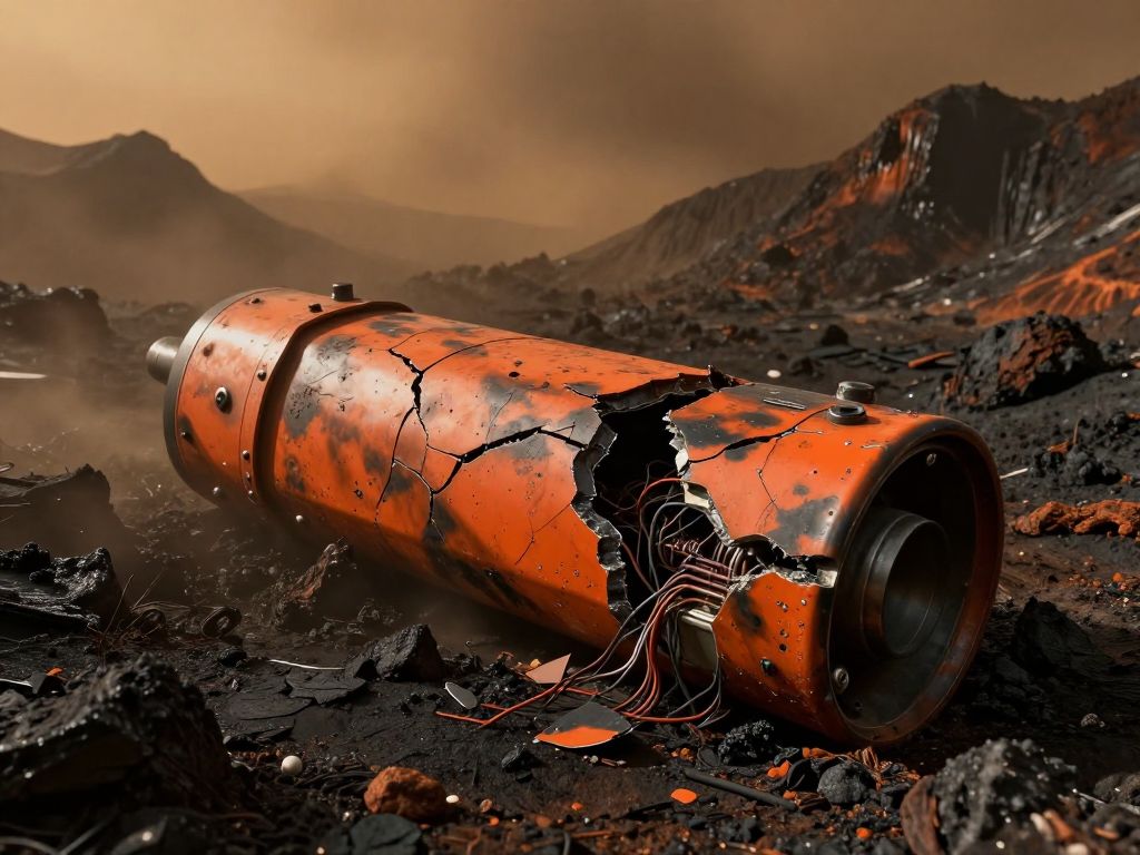 Cracked flight data recorder split open in scorched rocky terrain, surrounded by twisted aluminum wreckage under amber haze