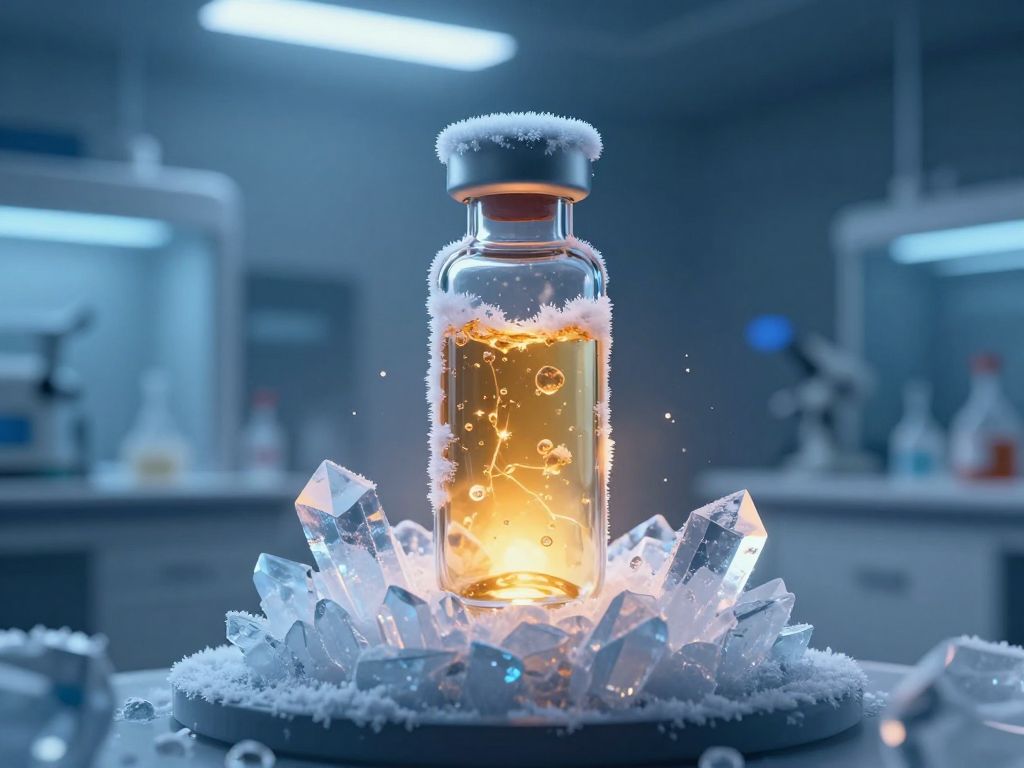 Frost-covered glass vial with glowing amber tissue suspended in crystalline ice formations against deep blue clinical background